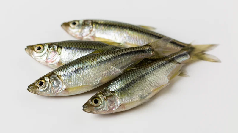 Four small freshwater minnows arranged diagonally on a white surface