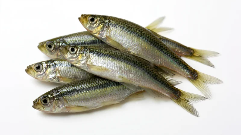 Small freshwater minnows arranged in a loose diagonal pile on white background