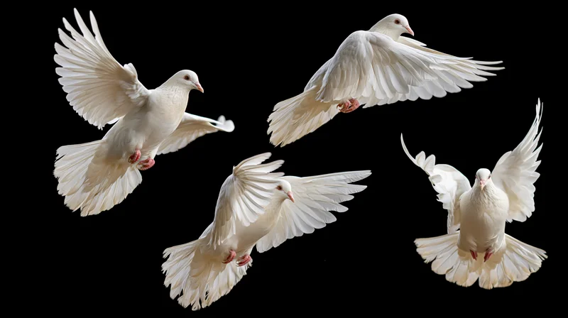 Four white doves in mid-flight with wings fully spread against black background