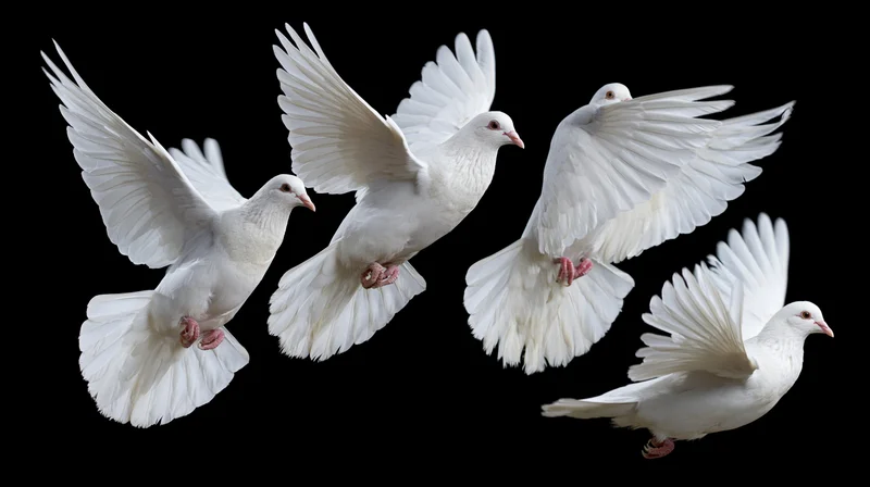 Four white doves in mid-flight with wings fully spread against black background