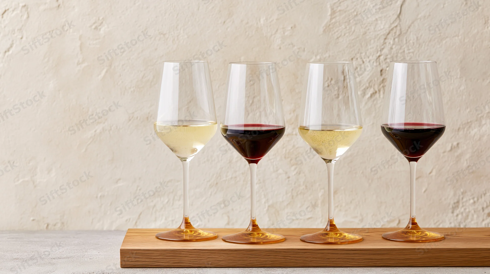Four wine glasses filled with white and red wine arranged in a row on a wooden serving board