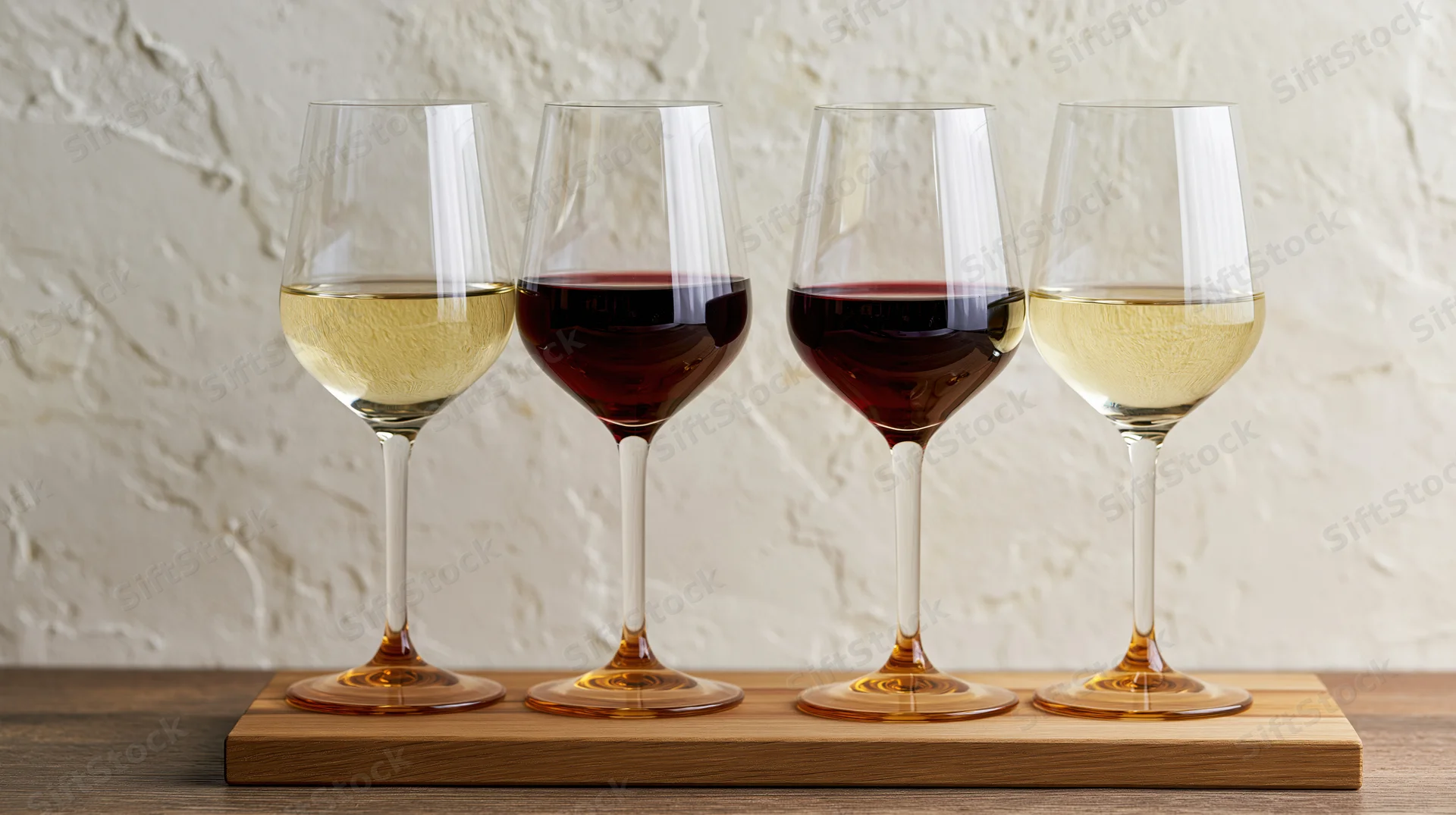 Four wine glasses filled with red and white wine arranged in a row on a wooden serving board