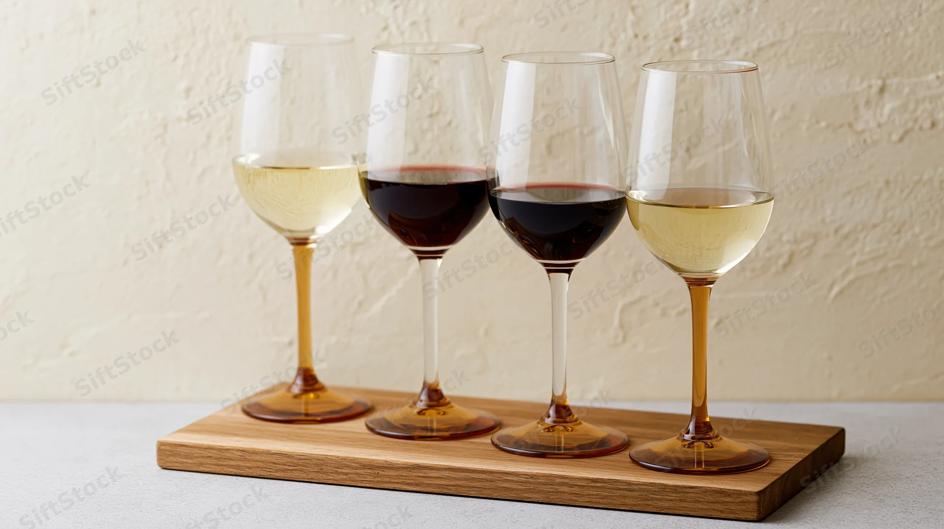 Four wine glasses with red and white wine arranged in a row on a wooden serving board