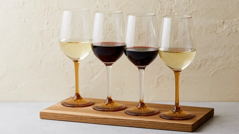 Four wine glasses with red and white wine arranged in a row on a wooden serving board