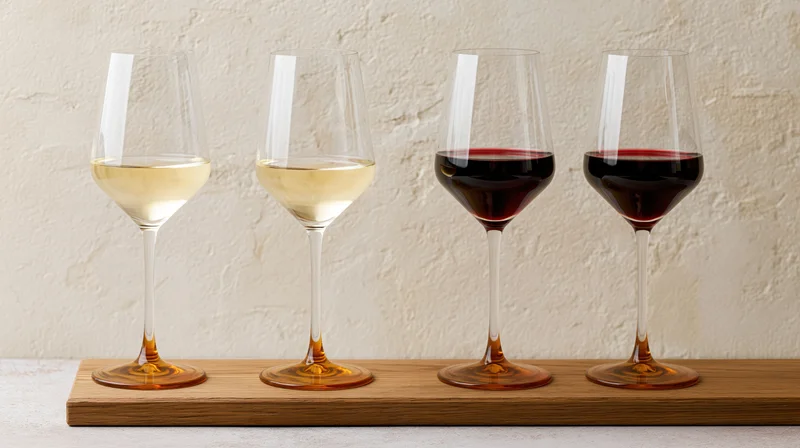 Four wine glasses with red and white wine arranged in a row on a wooden serving board
