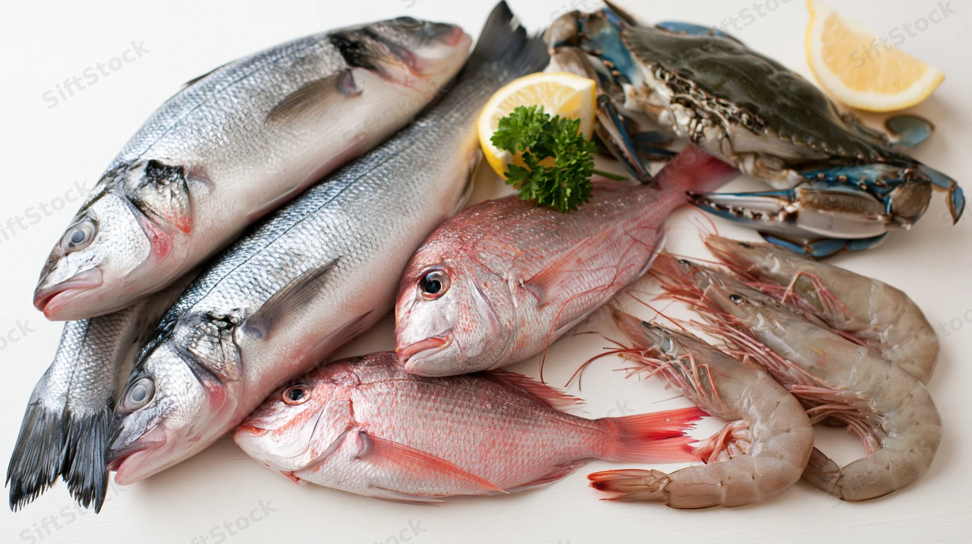 Fresh raw seafood assortment arranged on white surface
