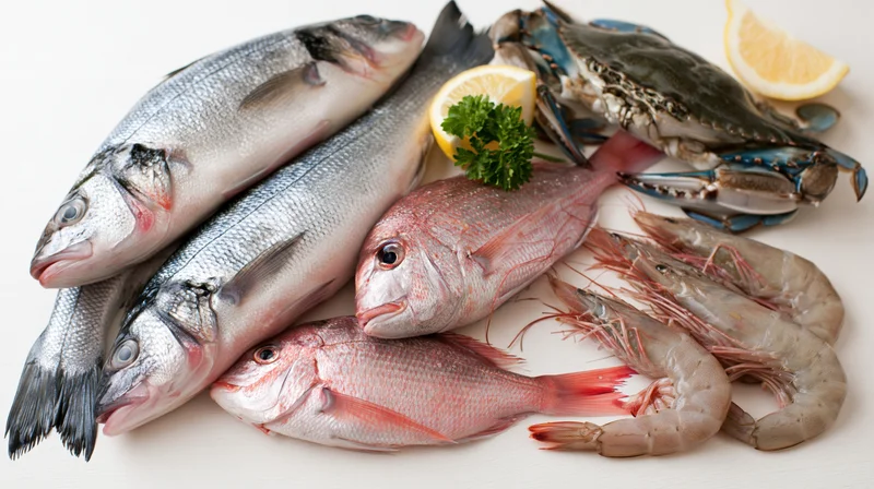 Fresh raw seafood assortment arranged on white surface