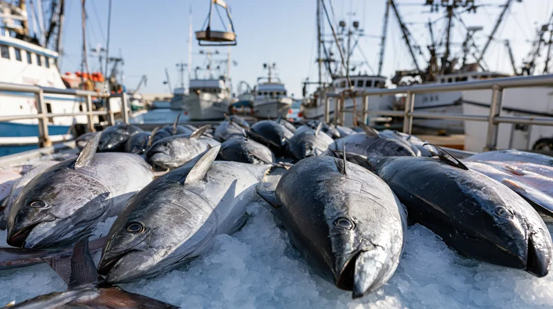Freshly caught tuna displayed on crushed ice at a fishing dock with boats in the background