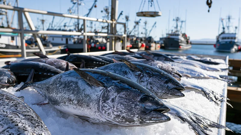 Freshly caught tuna arranged on crushed ice at a harbor dock with fishing boats in the background