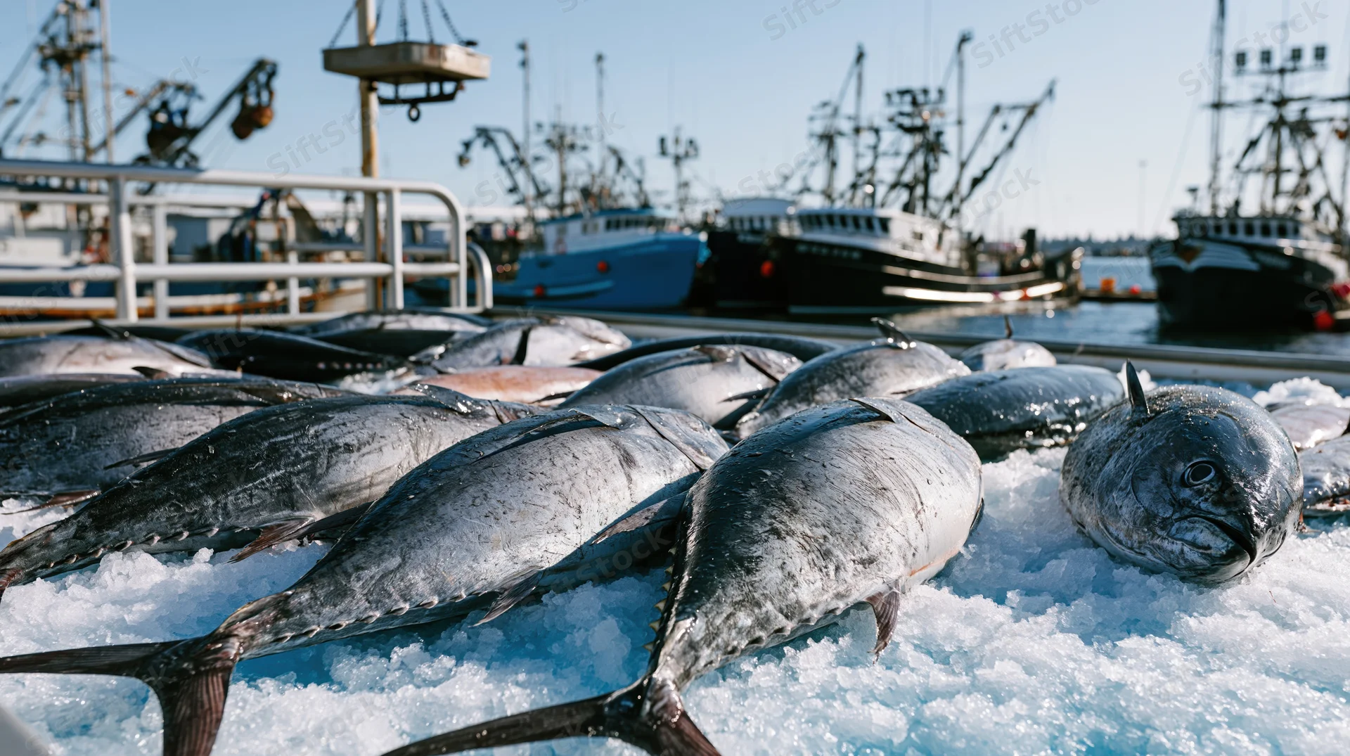 Freshly caught tuna laid out on crushed ice at a harbor dock with fishing boats in the background