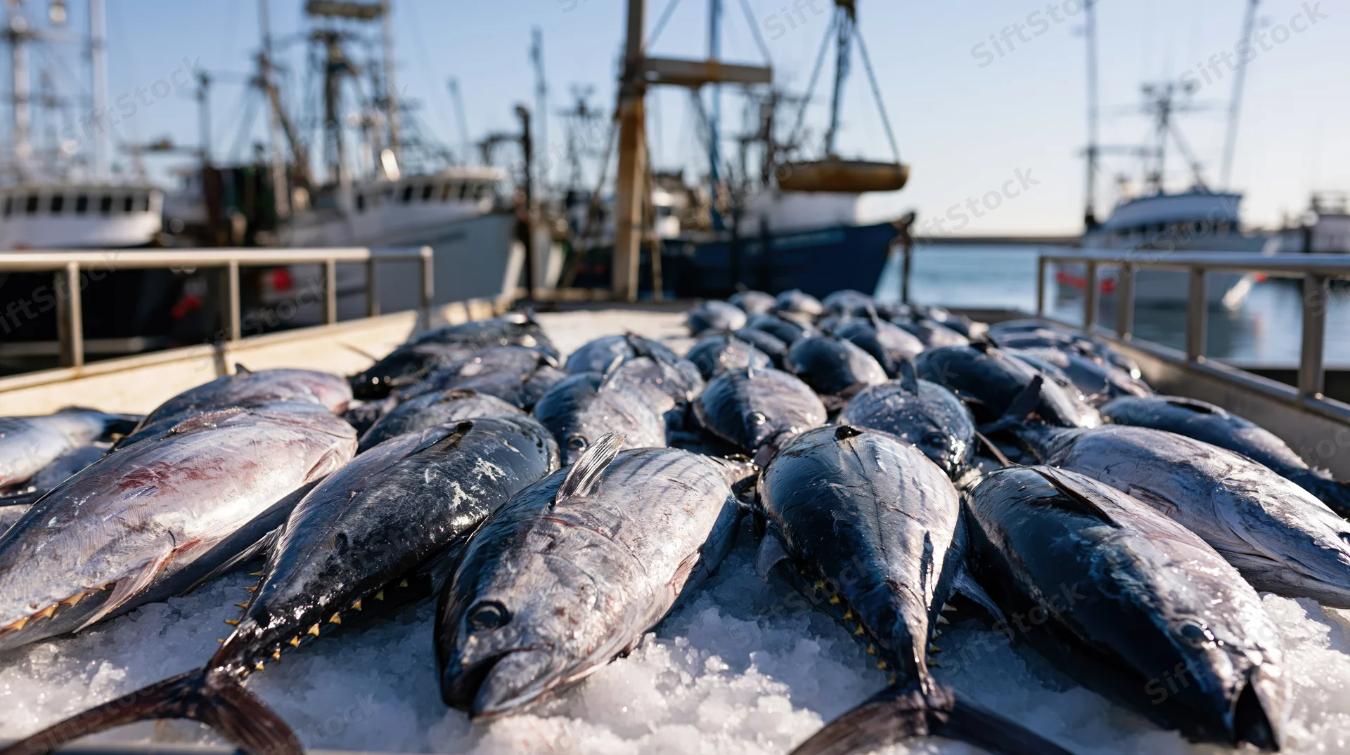 Freshly caught tuna fish laid out on crushed ice at a harbor dock with fishing boats in the background