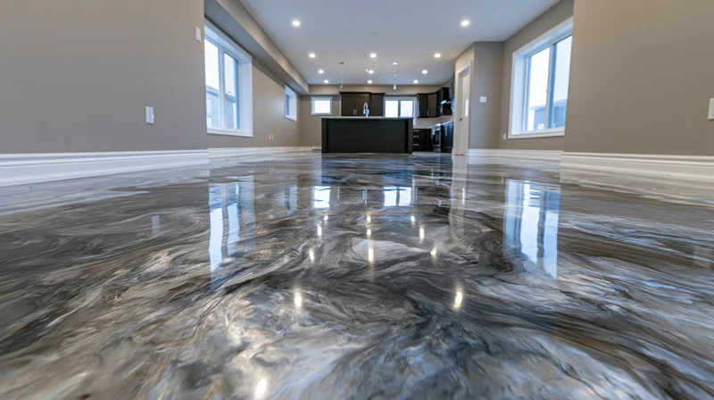 Metallic epoxy floor in open-concept kitchen and living space