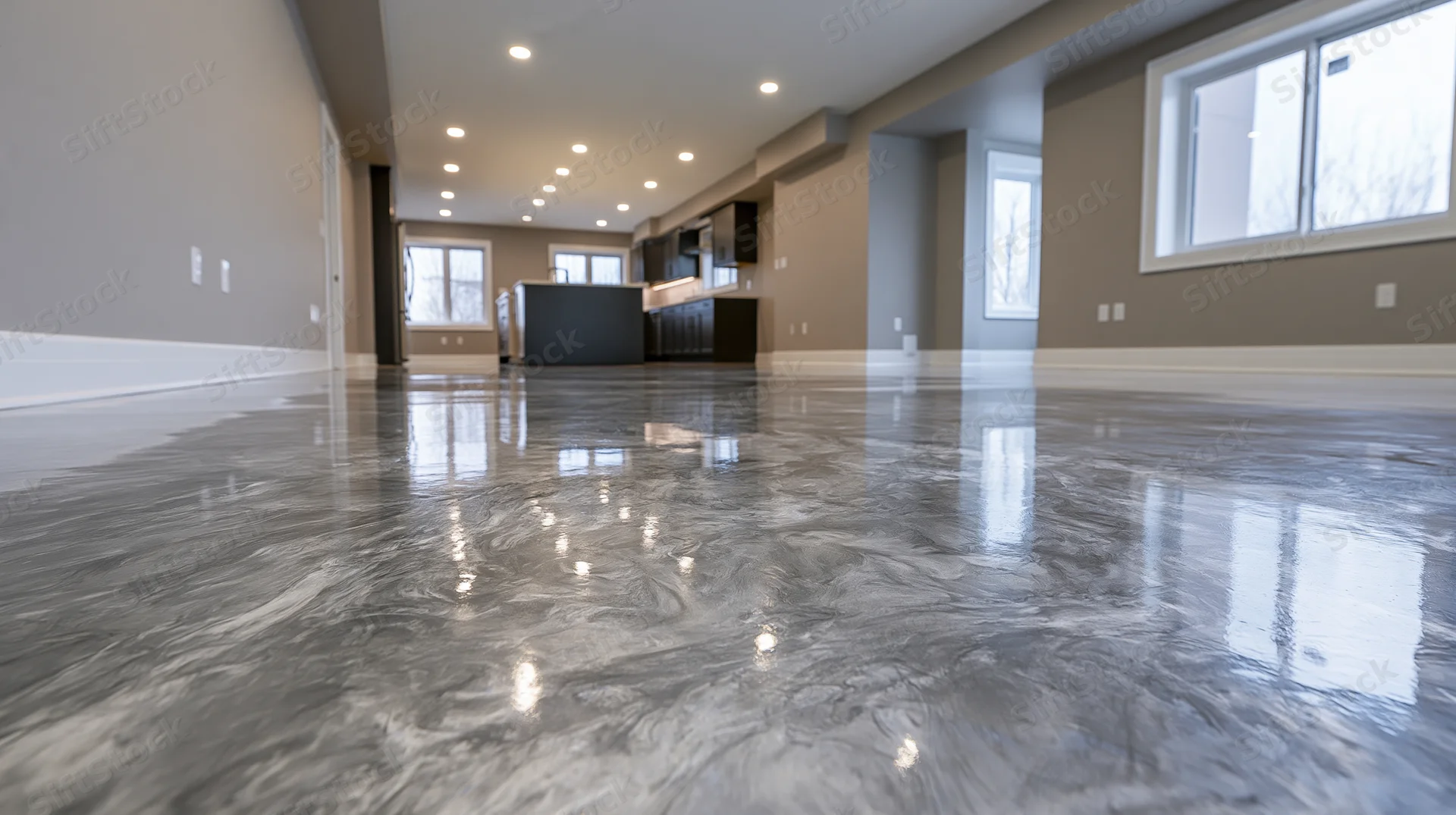 Metallic epoxy floor in open-concept home interior with kitchen and recessed lighting