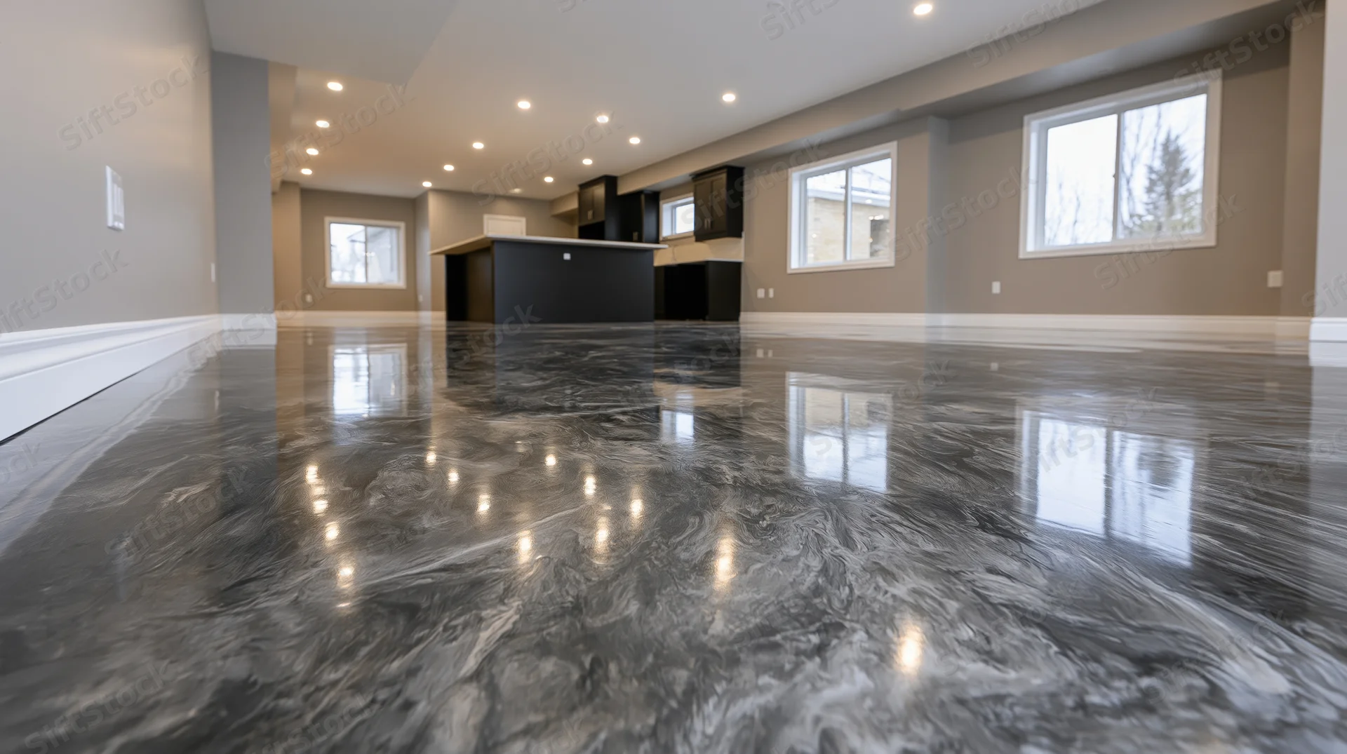 Metallic epoxy floor in open-concept home interior with black cabinetry and recessed lighting