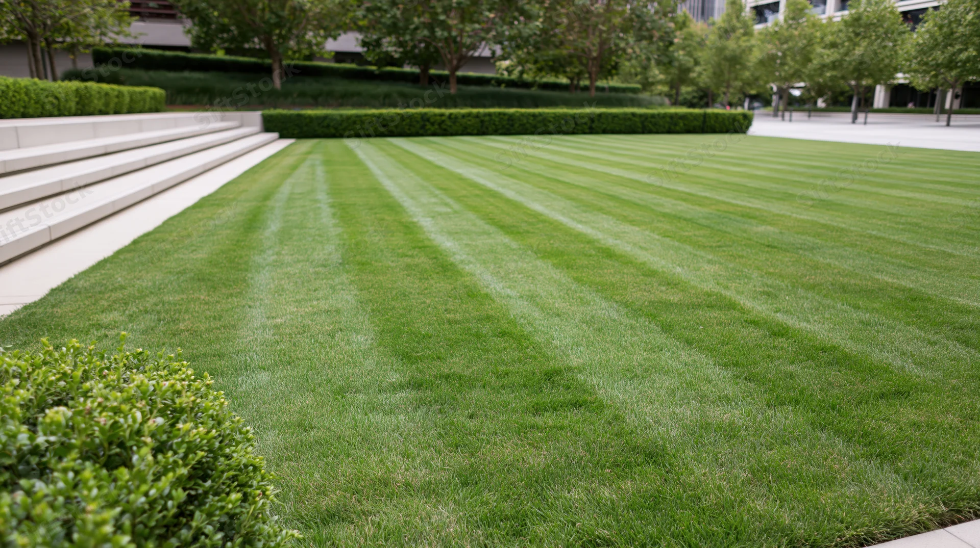 Freshly mowed striped lawn in an urban courtyard with hedges and steps