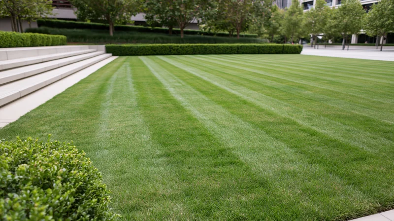 Freshly mowed striped lawn in an urban courtyard with hedges and steps