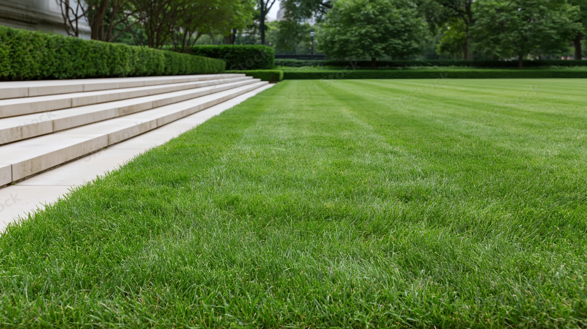 Freshly mowed green lawn stretching across an urban courtyard beside stone steps and hedges