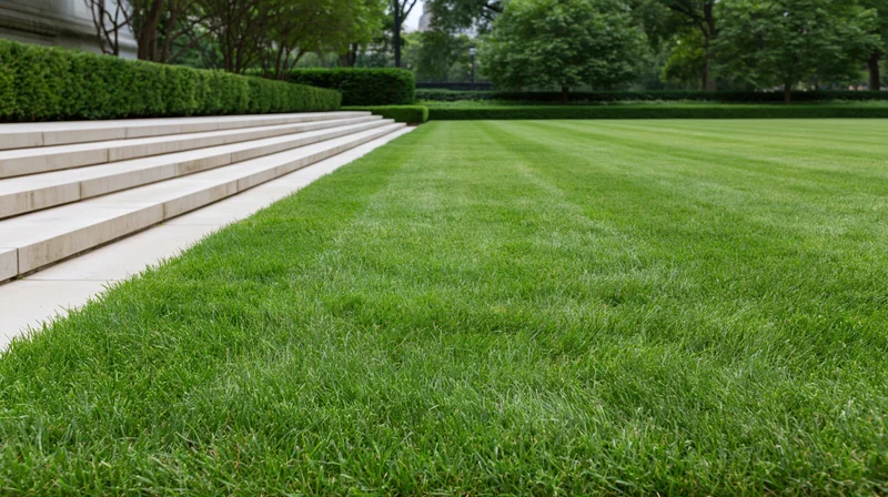 Freshly mowed green lawn stretching across an urban courtyard beside stone steps and hedges