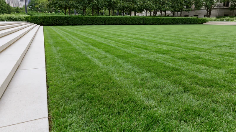Freshly mowed striped lawn in an urban courtyard beside stone steps and hedges