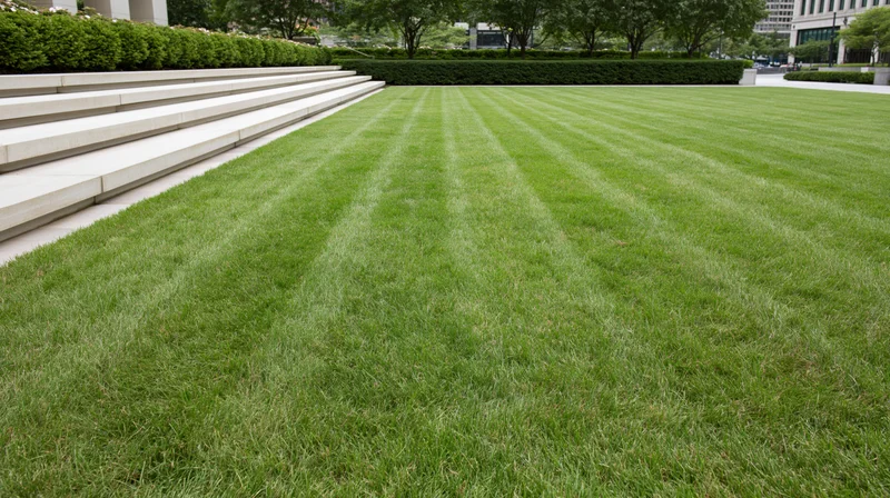 Freshly mowed striped lawn in an urban courtyard with concrete steps and hedges
