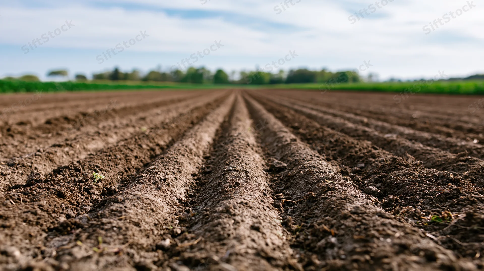 Freshly plowed field with parallel furrows stretching toward the horizon under a partly cloudy sky
