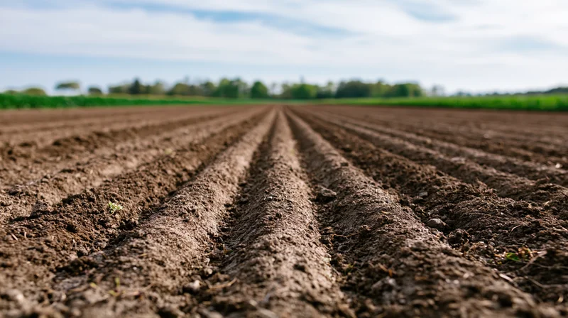 Freshly plowed field with parallel furrows stretching toward the horizon under a partly cloudy sky