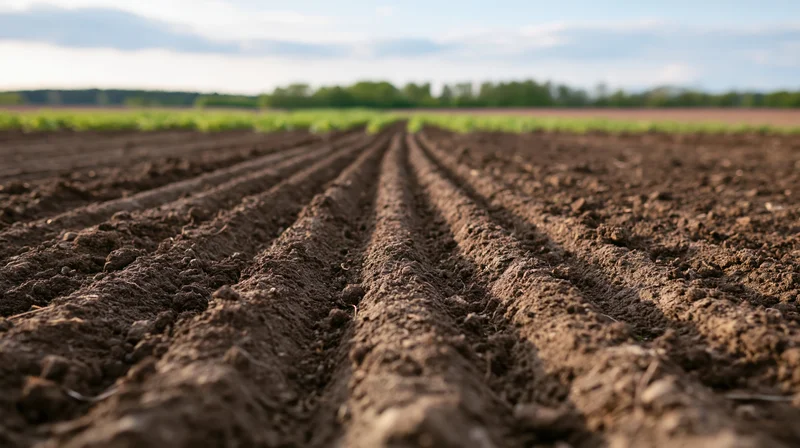 Freshly plowed field with parallel furrows stretching toward a tree-lined horizon under a partly cloudy sky