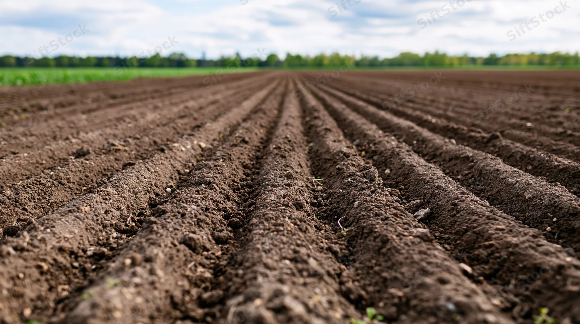 Freshly plowed field with parallel furrows stretching toward the horizon under a cloudy sky