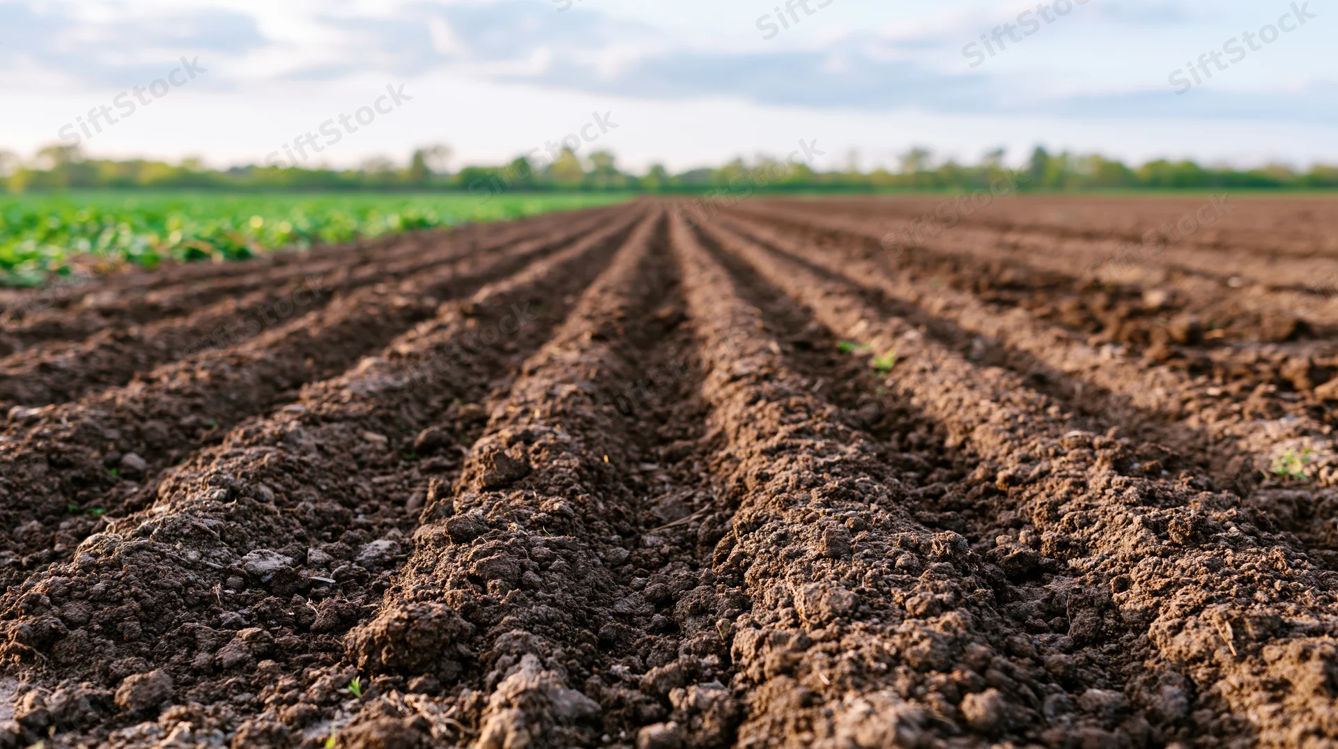 Freshly plowed field with parallel furrows stretching into the distance under a cloudy sky