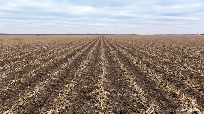 Freshly tilled cornfield with parallel rows of stubble under overcast sky