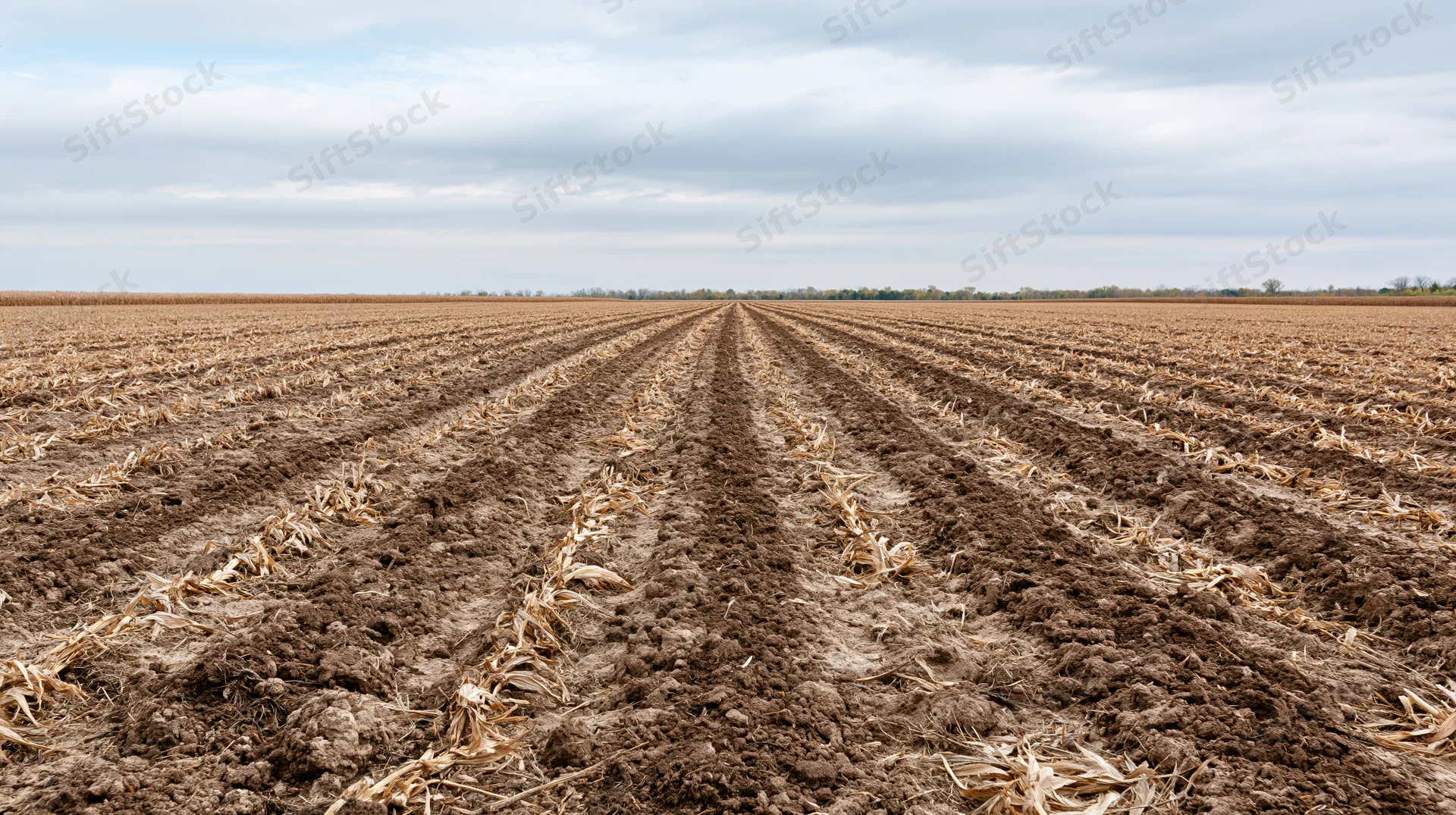 Freshly tilled corn field in rows under overcast sky