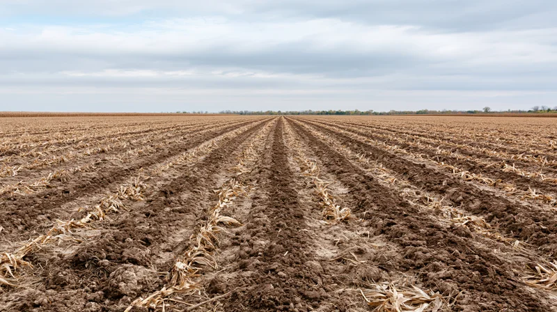 Freshly tilled corn field in rows under overcast sky