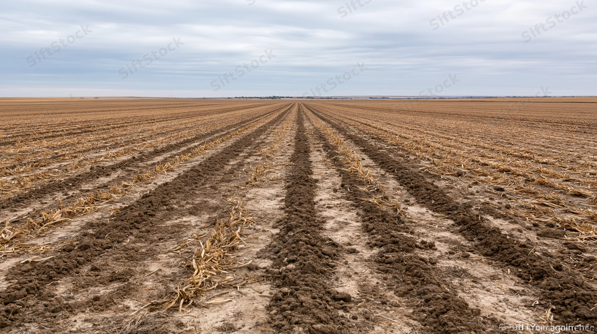 Freshly tilled corn field with parallel rows of soil and crop residue under overcast sky