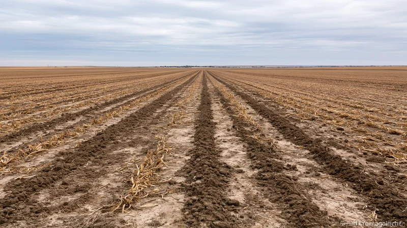 Freshly tilled corn field with parallel rows of soil and crop residue under overcast sky