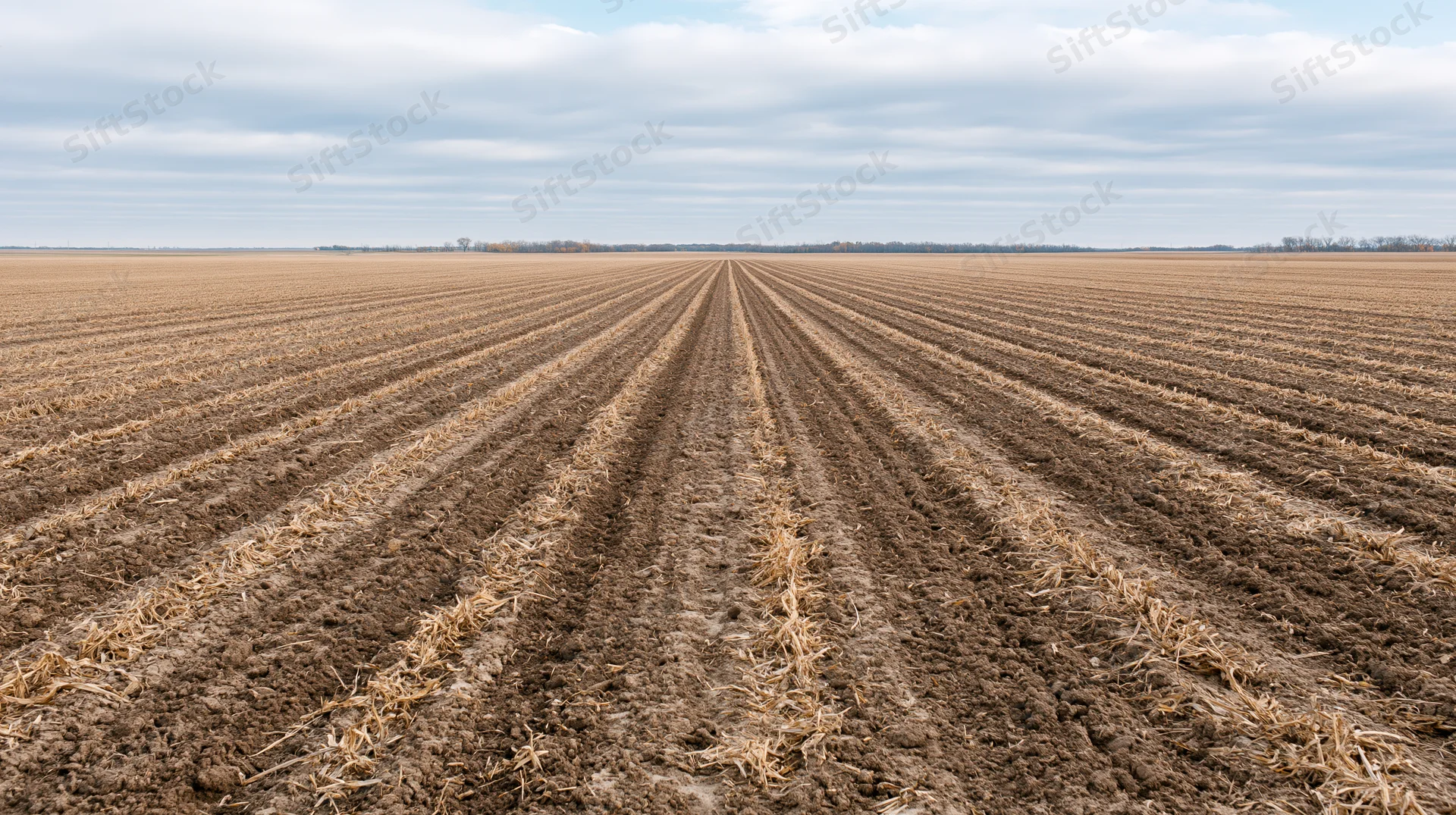 Freshly tilled cornfield with parallel rows under overcast sky