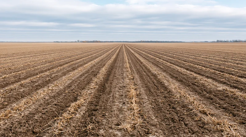 Freshly tilled cornfield with parallel rows under overcast sky