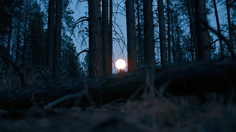 Full moon glowing between dark pine tree trunks in a quiet forest at twilight