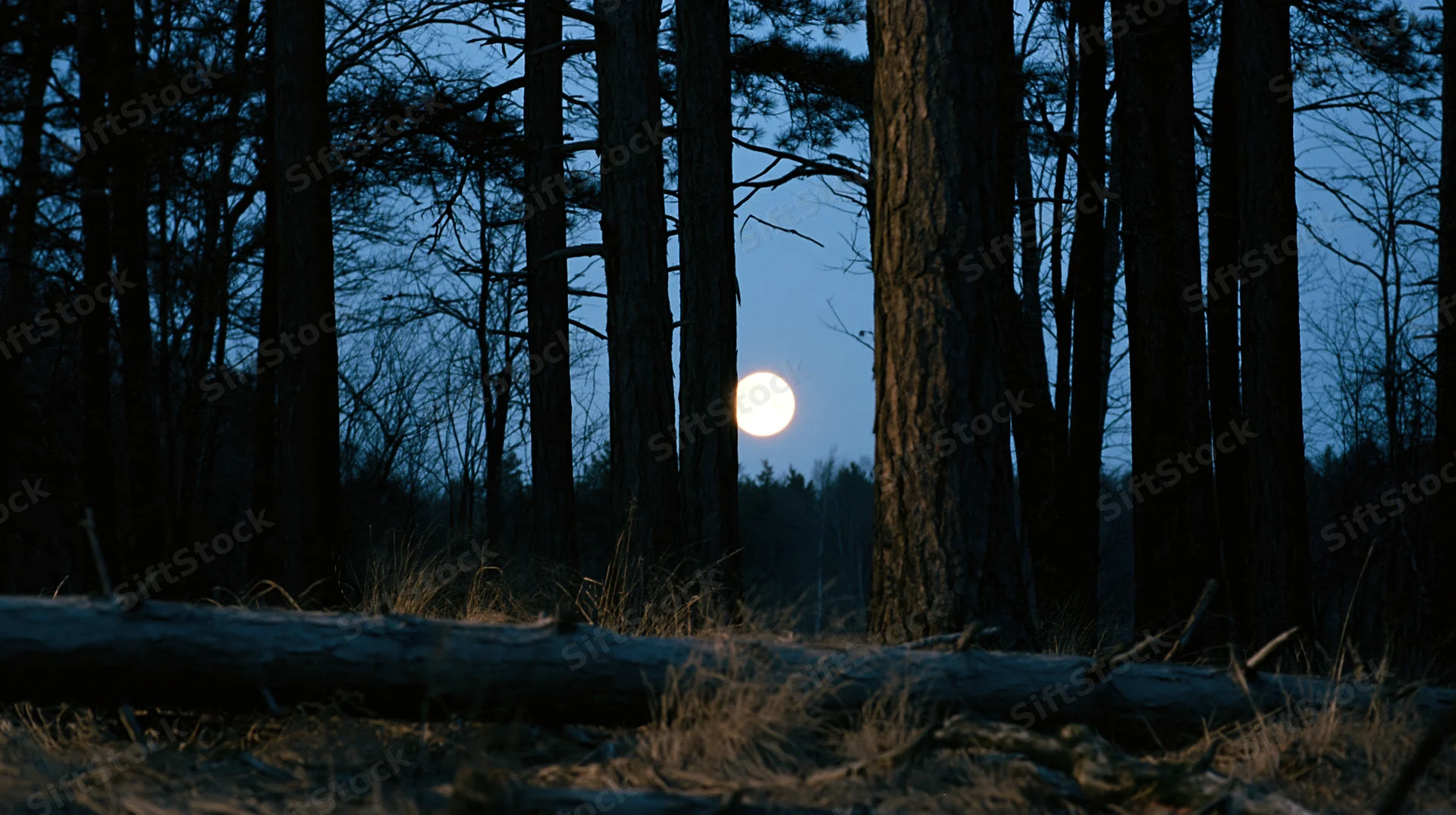 Full moon glowing between dark pine tree trunks in a quiet forest at night
