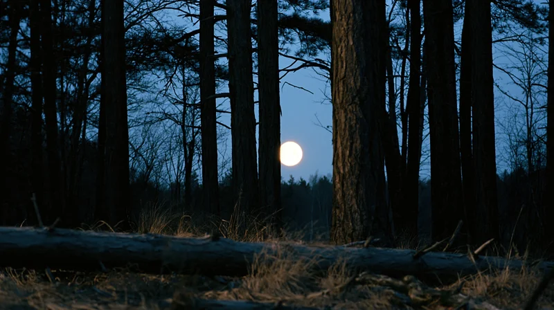 Full moon glowing between dark pine tree trunks in a quiet forest at night