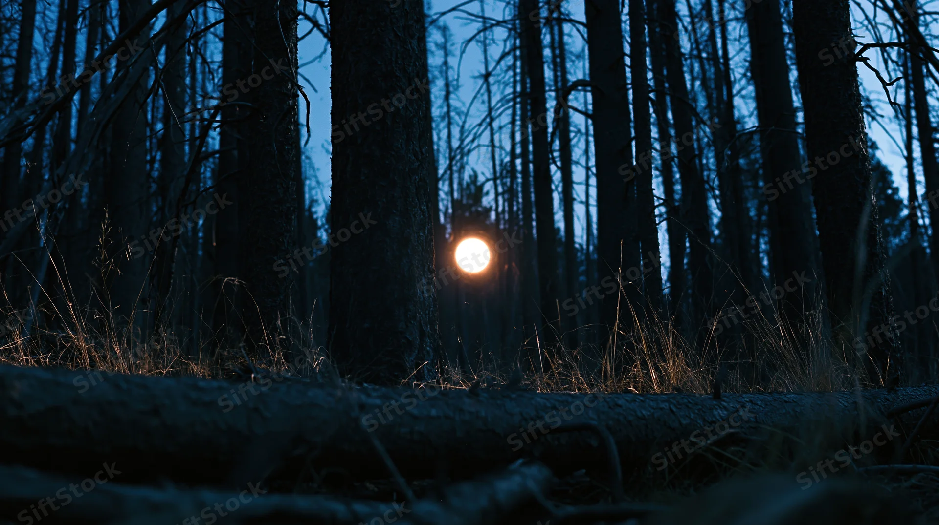 Full moon glowing between dark pine tree trunks in a quiet forest at night