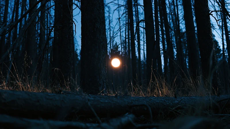 Full moon glowing between dark pine tree trunks in a quiet forest at night