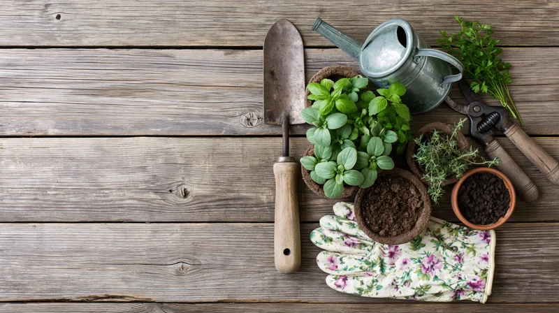 Gardening tools and seedlings arranged on a weathered wooden surface