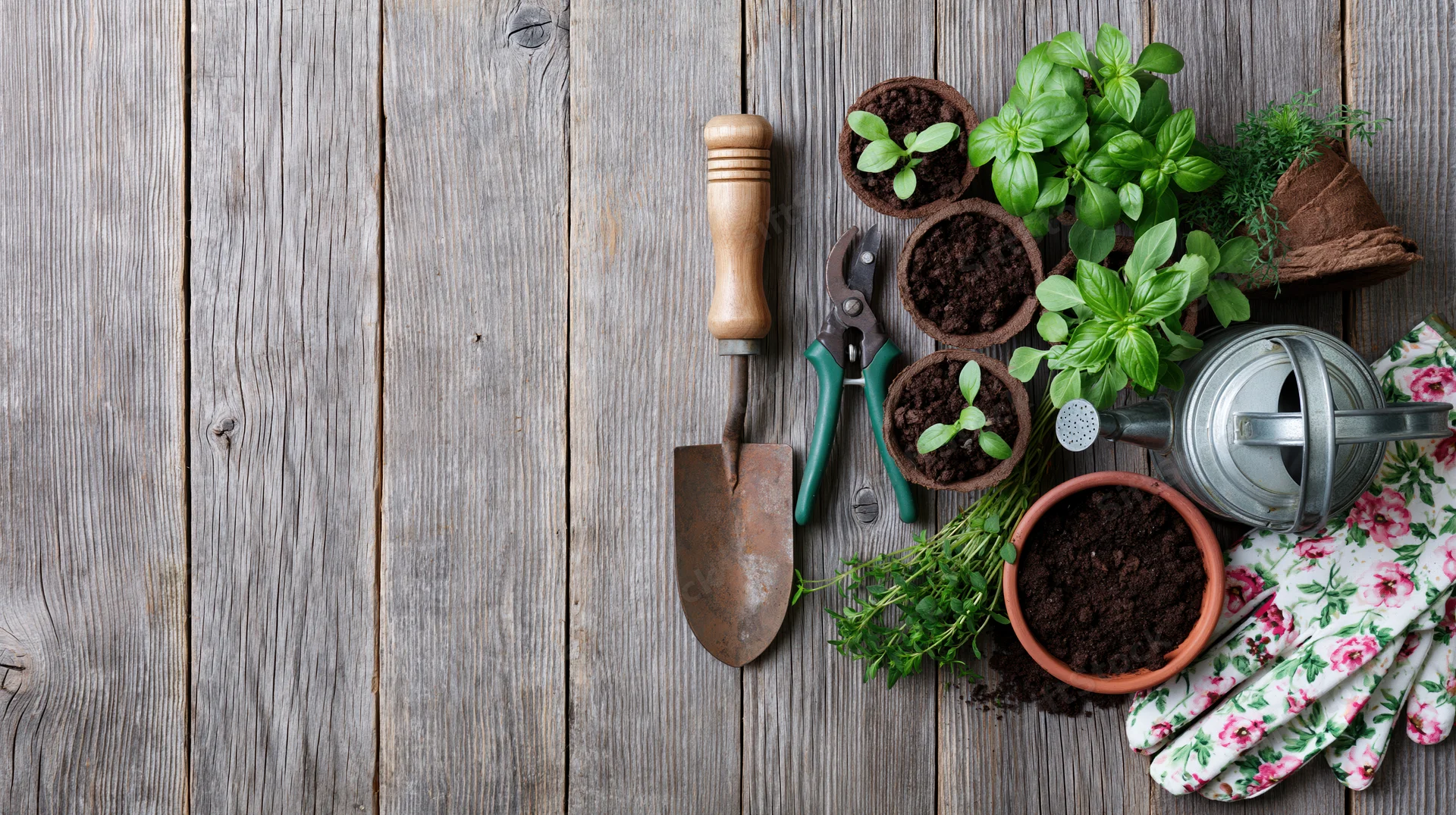 Gardening tools and seedlings arranged on a weathered wooden surface