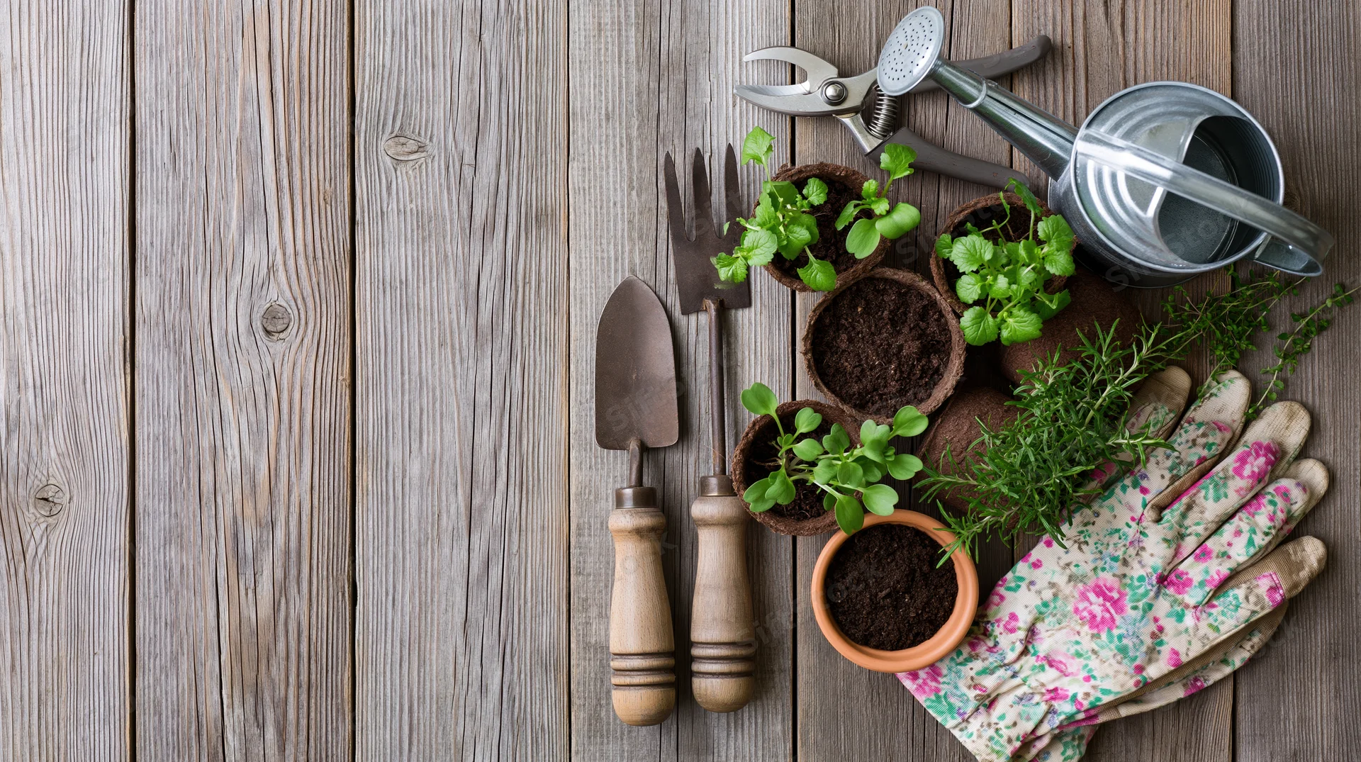 Gardening tools and seedlings arranged on a weathered wooden surface with copyspace on the left