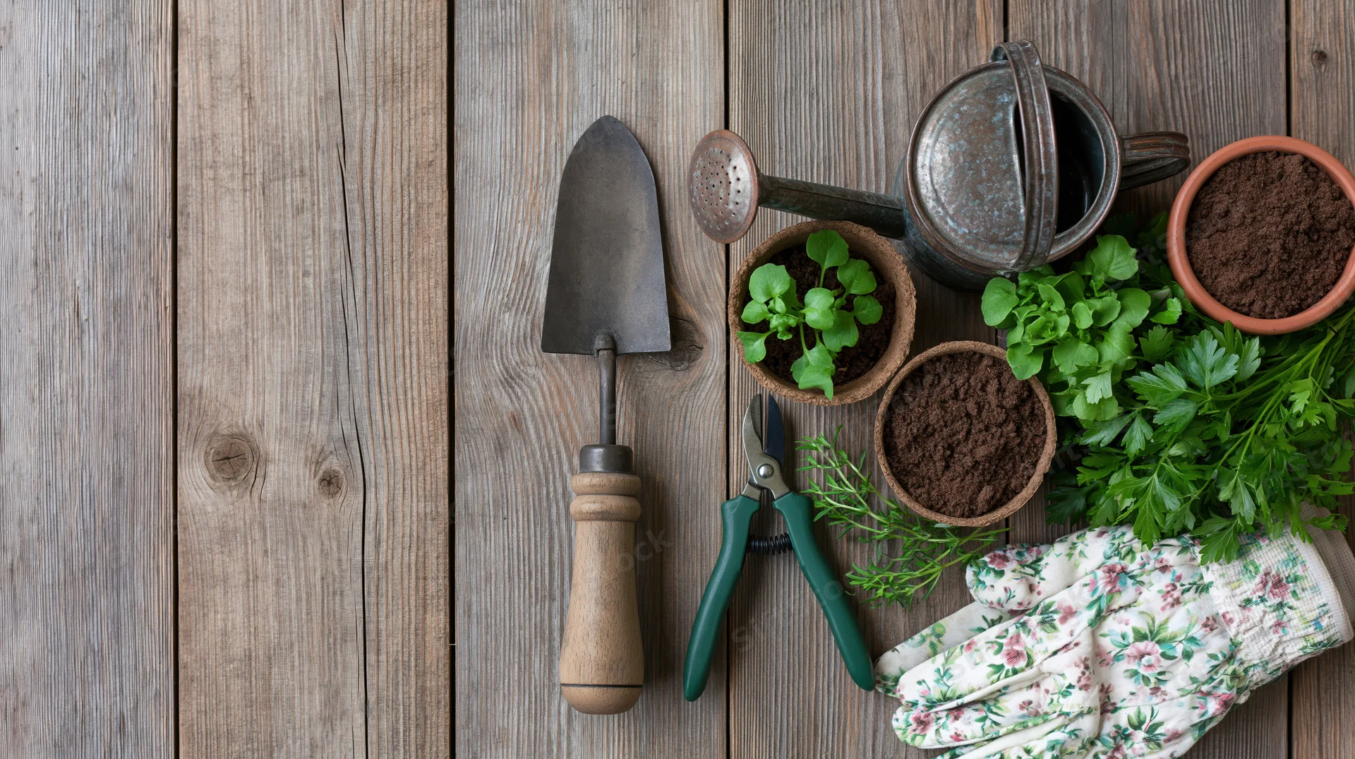 Gardening tools and seedlings arranged on a weathered wooden surface with floral gloves and herbs
