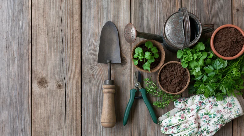 Gardening tools and seedlings arranged on a weathered wooden surface with floral gloves and herbs