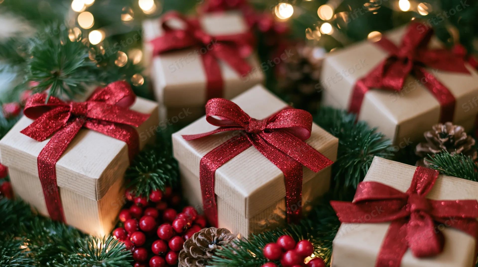 Gift boxes wrapped in kraft paper with red glitter ribbons nestled among pine branches and holiday lights
