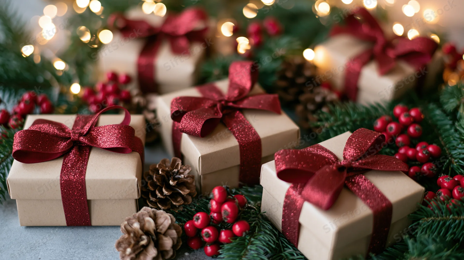 Gift boxes wrapped in kraft paper with red glitter ribbons arranged among pine branches, berries and pinecones with warm lights in the background