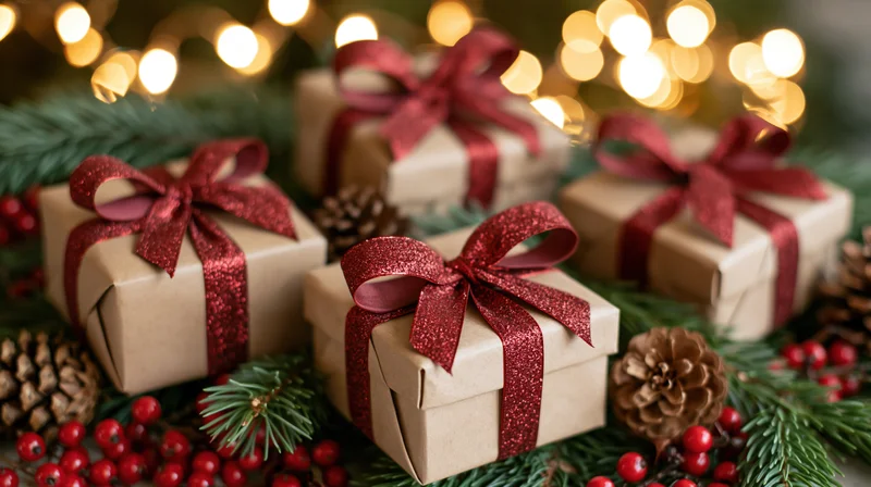Gift boxes wrapped in kraft paper with red glitter ribbons among pine branches and berries, illuminated by warm bokeh lights