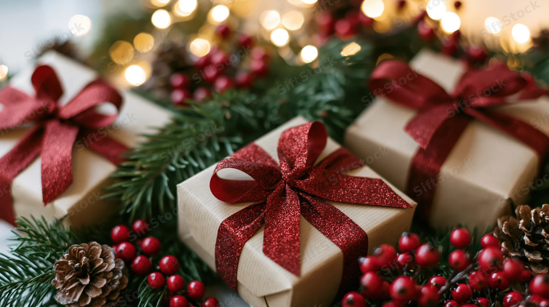 Gift boxes wrapped in kraft paper with red glitter ribbons among pine branches and berries, illuminated by warm bokeh lights
